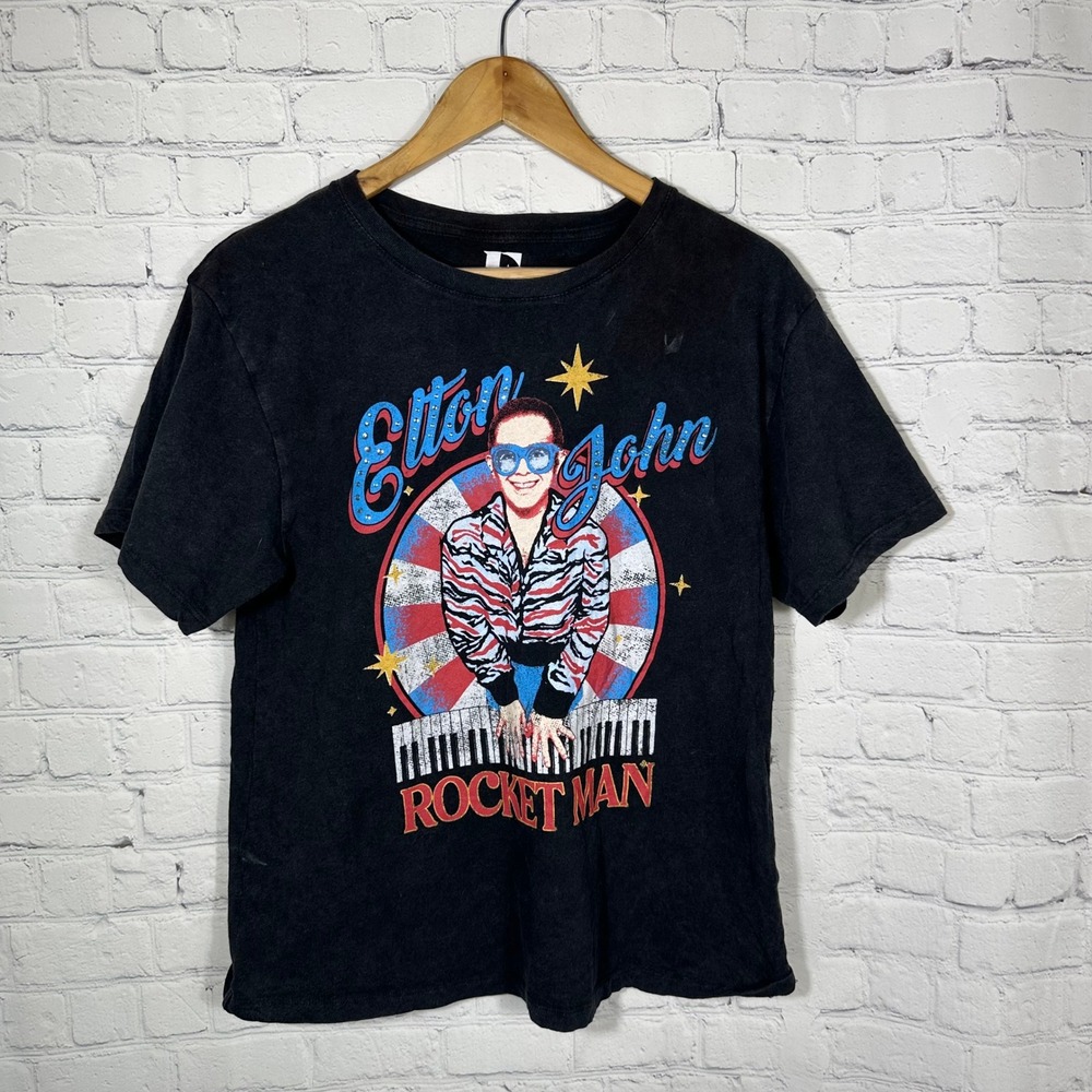 Elton John Rocket Man‎ Graphic T-Shirt Black Rhinestone Embellished Women XS